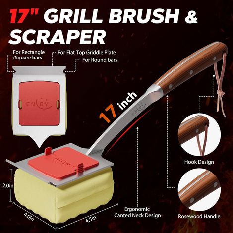 ENLOY Brosse de barbecue sans poils de 43,2 cm pour barbecue extérieur, brosse de nettoyage à la vapeur avec manche étendu en palissandre et tête de brosse de rechange, brosse de barbecue sûre avec (1/4)