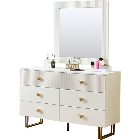 Ensemble buffet et miroir modernes blancs – Élégante combinaison d'une commode à 6 tiroirs aux accents dorés et d'un miroir mural carré (80x80 cm) – Parfait pour l'entrée, la chambre et le salon