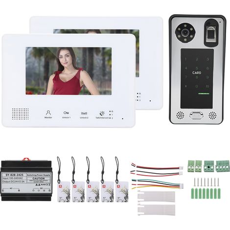Sonnette vidéo 2 fils, 7 pouces, 2 moniteurs, déverrouillage par empreinte, code et carte RFID, interphone vision nocturne 100-240V (1/5)