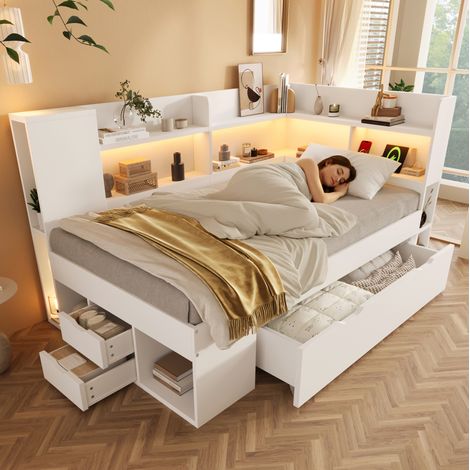 Tagesbett 90x200 cm Weiß aus Holz mit LED, USB-C, Stauraum und Schubladen (1/5)