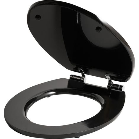 Asiento para inodoro tradicional accesorios de baño acabado brillante 48 x 38 cm distancia entre orificios 16 cm MDF negro Inirida (1/5)