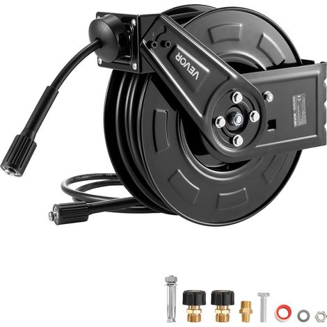 Enrouleur de Tuyau pour Nettoyeur Haute Pression 18,3 m x 6,4 mm, Dévidoir Rétractable Acier, Montage sur Mur, Sol, Pression 275,8 bar, Enroulement Automatique pour Lavage Voiture, Sol, Jardin (1/5)