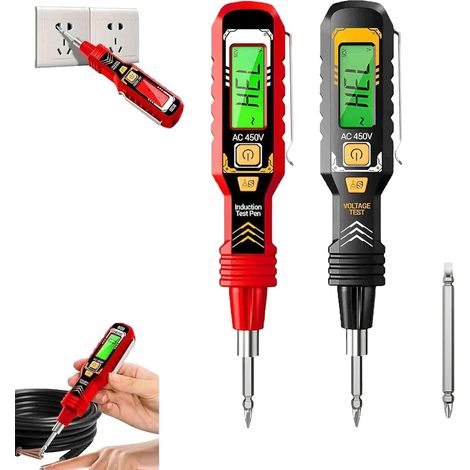 Lot de 2 Test Inductif 2 en 1 à Affichage Numérique, Tension CA Sans Contact 30-1000V / Tension CA en Contact 11-450V, Lampe Torche LED, Alarme Buzzer pour le Jugement de Fil Sous Tension/Nul (Rouge + (1/5)