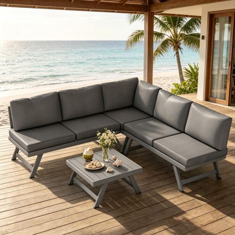 4-teiliges Eck-Gartenlounge-Set in Grau, 5 Plätze, mit Couchtisch OKMYHOME (1/5)