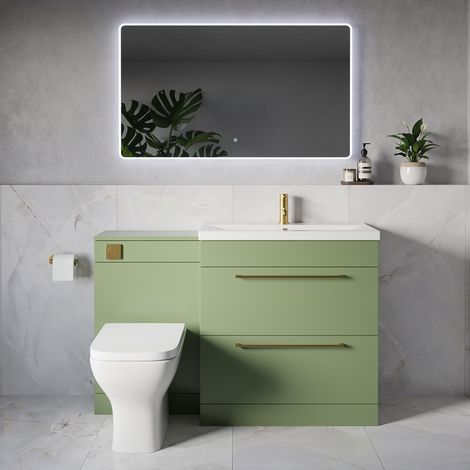 Napoli 390 Olive Green 1300mm 2 Drawer Vanity Unit Toilet Suite with Glide Basin - 1300mm - Brushed Brass 480mm HandleWith Kingston Toilet Pan and Seat