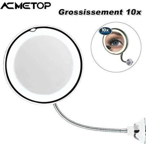 SABIR-Miroir de maquillage grossissant x10 avec éclairage - Orientable à 360°, avec LED, fixation par ventouse, sans fil, miroir de voyage portable et lumineux (1/4)