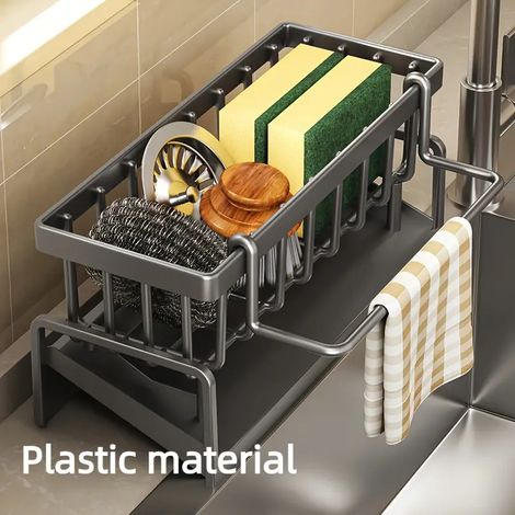 Porte-torchons et éponges en plastique (1 pièce), étagère de rangement multifonctionnelle en PP avec bac égouttoir, pour l'organisation et le rangement de la maison. (1/4)