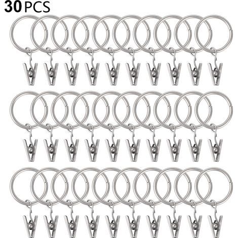 Lot de 30 anneaux de rideaux avec pinces, crochets et pinces robustes pour tringle à rideaux, œillets métalliques de diamètre intérieur, supports décoratifs pour rideaux et fenêtres. (1/4)