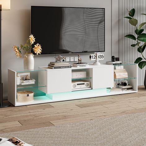 MEXUS – Meuble TV blanc brillant 200 cm – 2 Tiroirs – Éclairage LED 24 couleurs – Rangement avec étagères en verre – Dimensions 200x35x45 cm (1/5)
