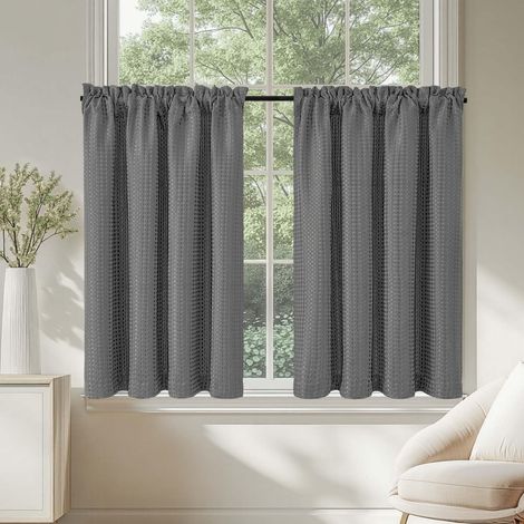 Rideau Occultant de Cuisine a Waffel Gris 60 x 90 cm, Rideau de Placard à Passe Tringle avec Motif de Waffel, Décoration pour Cuisine Petite Fenetre 2 Panneaux (1/5)