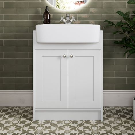 620mm Bathroom Vanity Unit Semi-Recessed Basin Freestanding, 1 Tap Hole, Traditional, Chrome Handles, White (1/5)