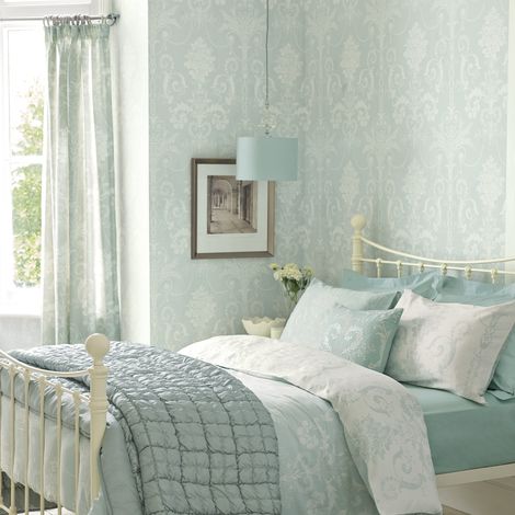 Papier peint intissé Laura Ashley Josette Duck Egg 1005 x 52cm Vert d'eau/blanc