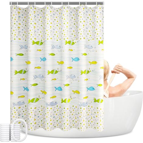 Rideau de douche imperméable en plastique, motif imprimé, matière PEVA, avec œillets, rideau de baignoire (motif poissons, 180 x 200 cm) (1/5)