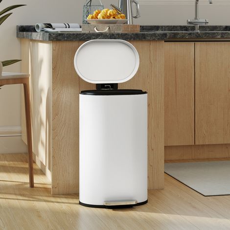 Corbeille poubelle cuisine 30 litres seau à pédale avec couvercle à fermeture souple, pédale en métal, blanc crème, 36,5 x 31 x 61 cm (1/5)