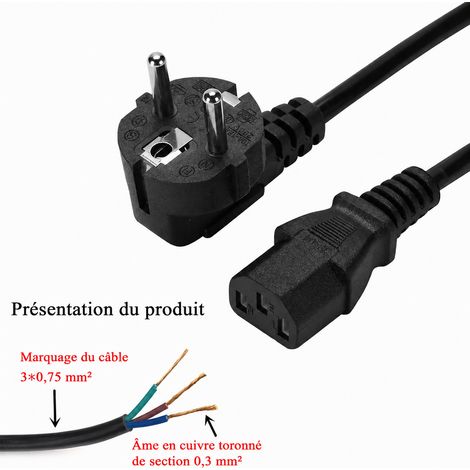 Câble d'alimentation secteur européen 3 broches C13 1,2 m 3x0,3 mm² noir 1.2 m0.3 30 0.3 160 g – Livraison gratuite
