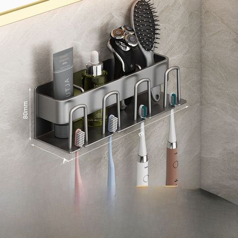 Porte-brosses à dents sans perçage Gun Ash, format familial, porte-brosses à dents électrique, porte-gobelets de bain de bouche mural, rangement pour gobelets de toilette (1/5)