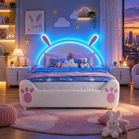 JOOKGBD-Kinderbett Polsterbett 140x200 cm,Einzelbett 140x200cm mit Entzückende Hasenform-Kopfteil und LED,Lattenrost,Jugendbett skandinavischer Stil,Samt,Weiß (1/5)