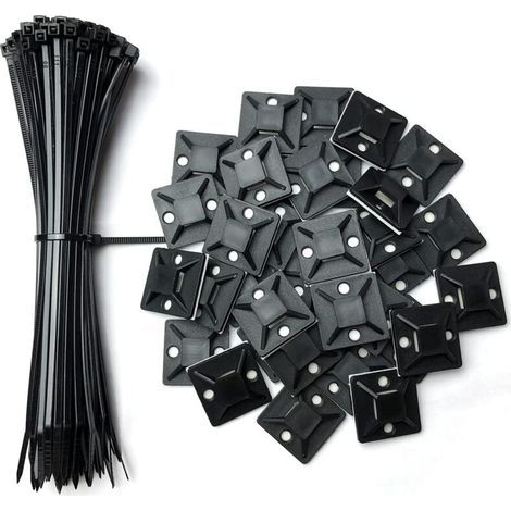 BUNTHAUS Lot de 100 supports adhésifs pour serre-câbles, 25 mm x 25 mm, noirs, auto-adhésifs, supports en plastique pour serre-câbles, 100 serre-câbles gratuits de 150 mm