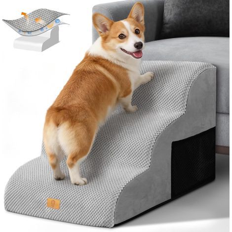 Hundetreppe, 3 Stufen, hochdichter Schaumstoff, rutschfest, abnehmbarer Bezug für Schlafsofas, Grau (1/5)