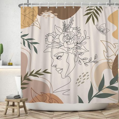 183x213cm Boho beauté Rideau de Douche Ligne Abstraite beauté Visage Feuille Rideau de Salle de Bain Milieu du siècle Plante Tropicale Rideaux de Douche Rideau de Baignoire étanche (1/5)