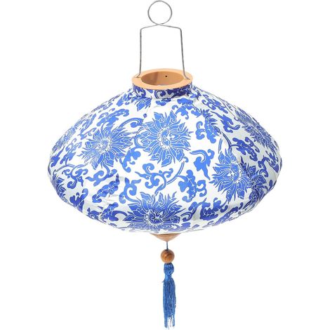 Décoration de Lanterne Suspendue Vietnamienne en Soie Bleu et Blanc, Abat-Jour Triangulaire 12 Pouces, Lanterne Décorative D'extérieur Imperméable, Décoration Asiatique pour Fête (1/5)