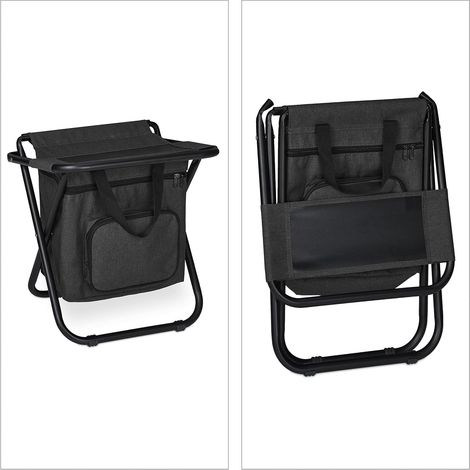 Tabouret camping pliant noir sans dossier, transportable, pour pêche, jardin, 60x35x35cm, confortable