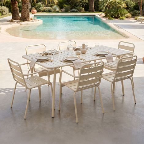 Ensemble table de jardin + 6 fauteuils en métal beige - BACA (1/5)