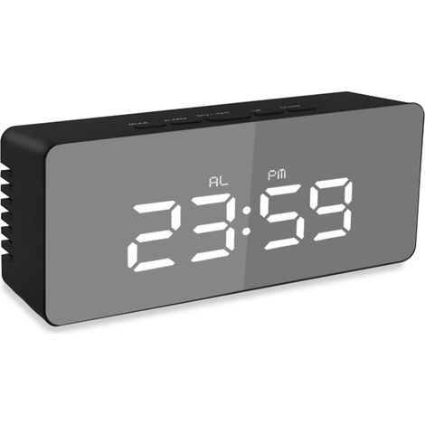 Elektronischer Wecker mit Spiegelanzeige, schwarzes Gehäuse mit weißer Beschriftung (ZN-AZ-2001)