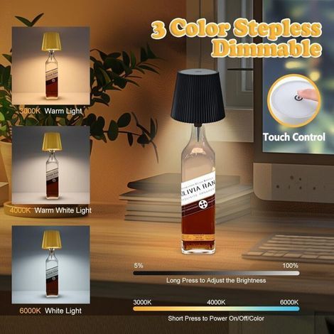 Lampe Bouteille Sans Fil,Lampe de Table Sans Fil Rechargeable 1200mAh, Lampe led Decoration Moderne, Lampe De Table Tactile Sans Fil Pour Bar Restaurant Accessoires et Décorations (Or (1/4)