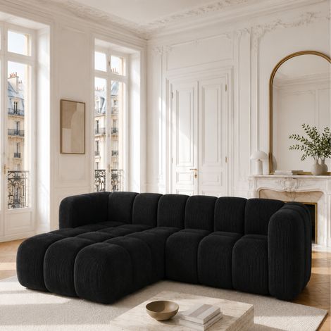 RINIA - Canapé d’angle gauche en velours côtelé - 4 places - 228 cm - Noir (1/4)