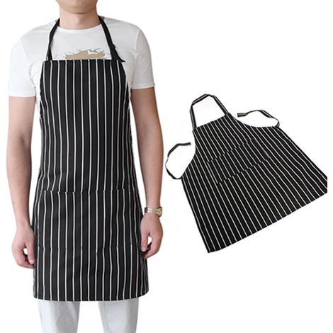 Delantal negro a rayas ajustable para adultos con dos bolsillos, adecuado para chefs, camareros/camareras, personal de cocina, cocineros, etc. (1/5)