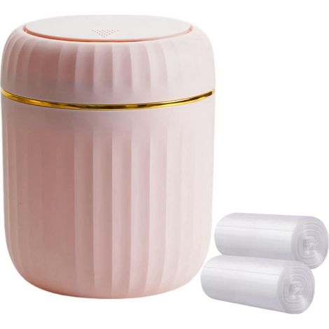 Poubelle de bureau avec couvercle à pression, mini poubelle de bureau, petite poubelle de table en plastique pour salle de bain, bureau, coiffeuse, cuisine, avec 60 feuilles de sacs poubelle (rose) (1/5)