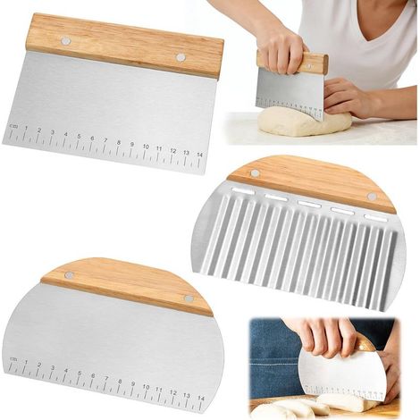 Lot de 3 grattoirs à pâte en acier inoxydable avec échelle de mesure et manche en bois antidérapant, carte à pâte, spatule cuisine à portionner, découpe pour pizza, pain, gâteau, ustensiles de (1/5)