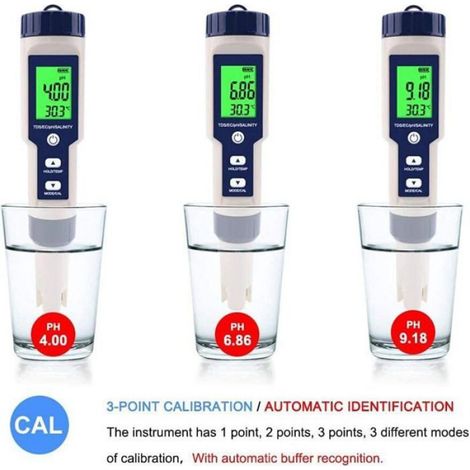 Testeur PH 5-en-1, Mesure PH, TDS, EC, Salinité, Température, LCD pour Eau, Piscines, Aquariums (1/4)