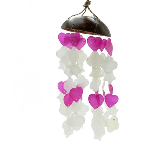 Carillons éoliens en noix de coco et Capiz - Formes mixtes roses et blanches - 35 cm- Vendu par 1 (1/3)