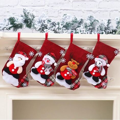4pcs Bas de Noël Chaussettes à suspendre Décorations De Noël Bas de Noël Mignons,Père Noël Bonhomme de Neige et Renne, (1/4)