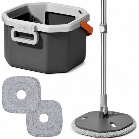Relaxdays Spin Mop Set, 6L bucket with fresh water compartment, HxWxD: 20x34x33 cm, 2x microfibre pads, grey (1/5)