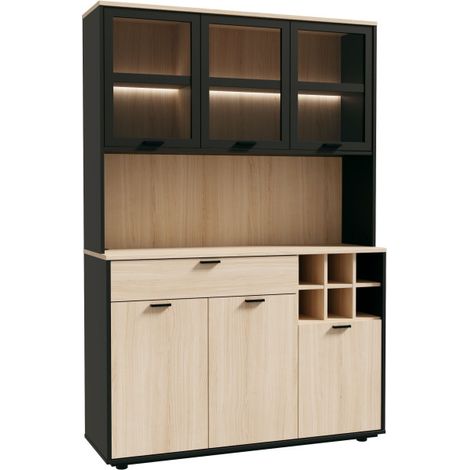 Buffet de cuisine - MANTEK - 122,8 x 41,5 x 183 cm - Chêne / Noir - Style industriel - Eclairage LED inclus (1/5)