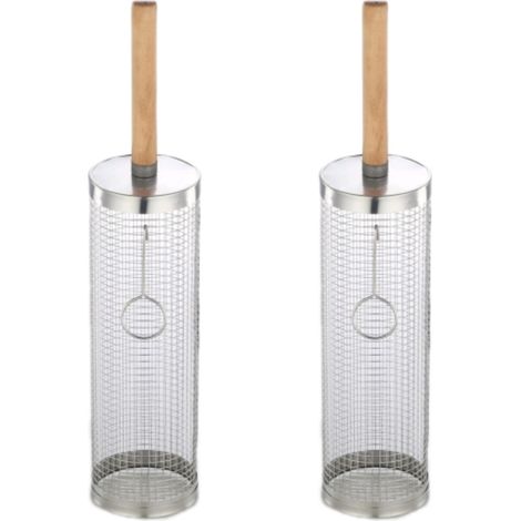 Paquet de 2 paniers de gril en acier inoxydable avec poignées en bois amovibles, panier de gril roulant avec accessoires de gril extérieur en acier inoxydable (1/5)
