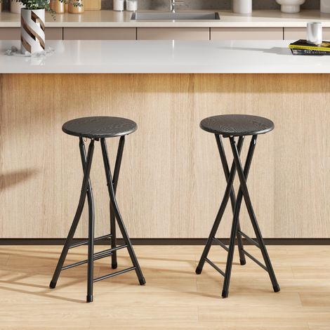 Lot de 2 Tabourets de Bar Pliables, Chaises de Bar Ronds avec Double Repose-Pieds, Cadre en Acier, Noir (1/5)