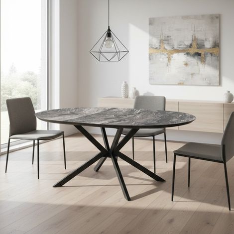 Tavolo rotondo allungabile Dobok piano effetto marmo nero arabesque lucido 126x126x76H (1/5)