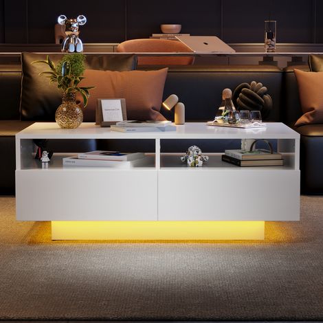 Tavolino da caffè 90x55x35cm, con 4 cassetti, illuminazione a LED MDF bianco, per soggiorno e camera da letto (1/5)