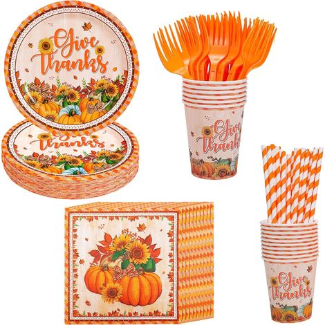 Ensembles d'assiettes et de serviettes sur le thème de la citrouille pour Thanksgiving, comprenant des assiettes (9"), des serviettes et des couverts. (1/4)