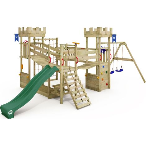 Wickey Smart Arch Aire de jeux pour enfants avec filet à grimper et ponts branlants, château de chevalier, bac à sable géant, comptoir, table de pique-nique, mur d'escalade, corde à grimper, extrêmeme