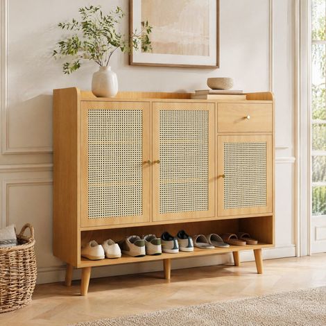 Schuhschrank aus Natur-Rattan mit 3 Türen, 1 Schublade, 5 Böden, 120 x 35 x 106 cm, Natur HAVRYA (1/5)