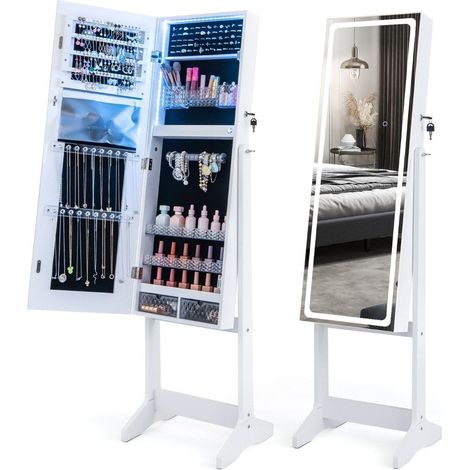 Armadietto per gioielli con specchio e amp scaffale per gioielli con specchio con illuminazione a led a 3 colori bianco