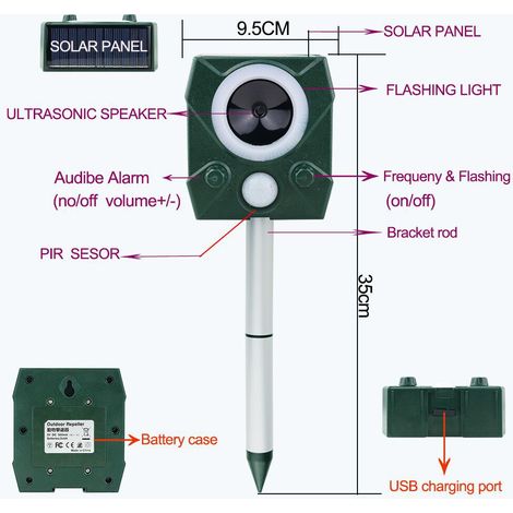 Répulsif Chats Exterieur, Répulsif à Ultrasons avec Batterie, Charge Solaire,Chargement USB Prévenir Les Chiens et Les Chats, Les Oiseaux, pour Jardins, Champs, Pépinières A