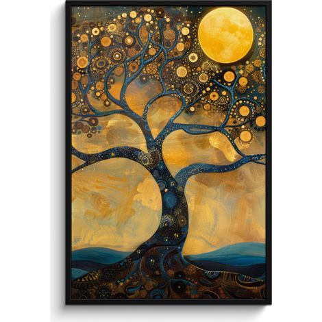 AFFICHE ENCADRÉE Arbre - Lune - Fleurs - Or - Art Decoration Murale Peinture 80x120 (1/5)