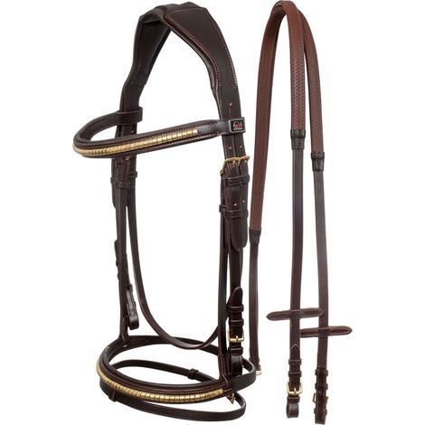 Full, Marrone Scuro: Briglia inglese in cuoio con clincher color ottone e redini in gomma