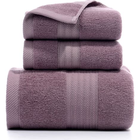 Ensemble de 3 serviettes, 1 serviette de bain, 2 gants de toilette, en coton filé à l'anneau, très absorbant (bleu), violet